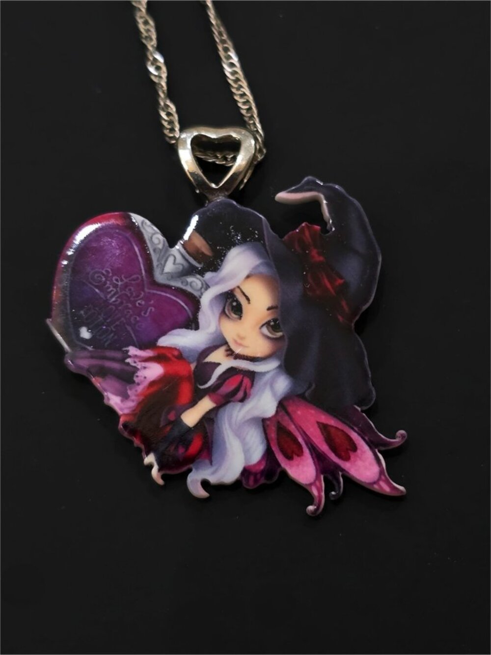Hand Crafted ✦ Pink Winged Witch Girl Acrylic Pendant Necklace ✦ Heart Bail NWT